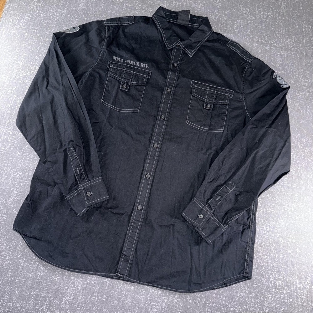 MMA Elite Shirt Mens 2XL Black Military Patch Long Sleeve Button Up Casual